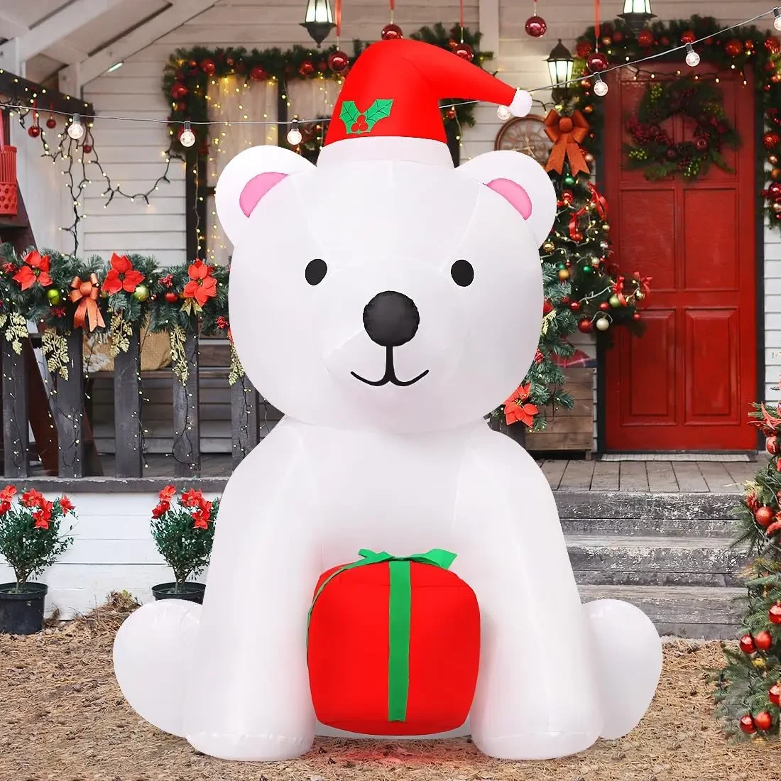 Original representative commercial visual for 4 FT Child Easter Hot Selling Christmas Durable Portable Inflatable Bear Holding Present LED Lights Waterproof Decorations.