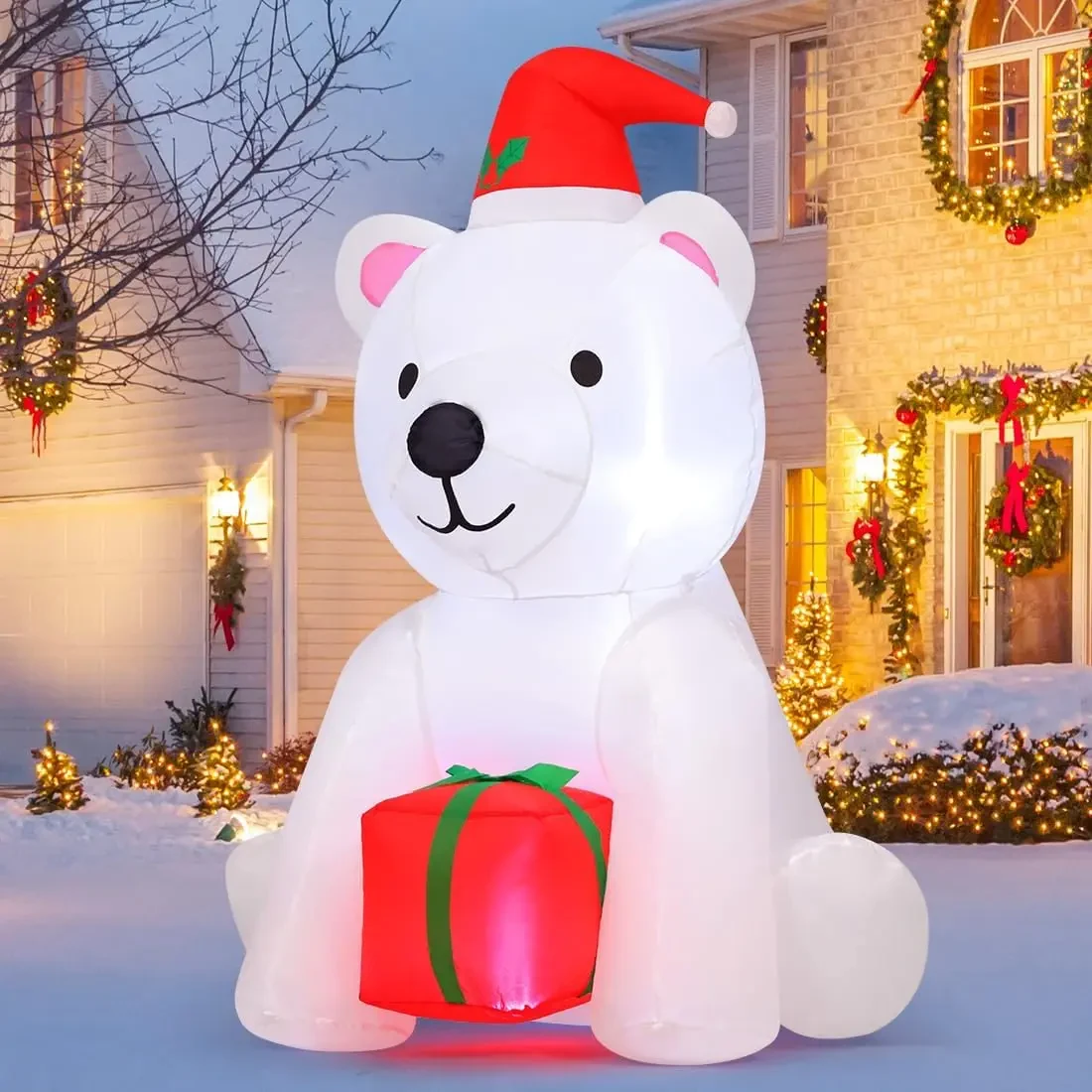 Original representative commercial visual for 4 FT Child Easter Hot Selling Christmas Durable Portable Inflatable Bear Holding Present LED Lights Waterproof Decorations.