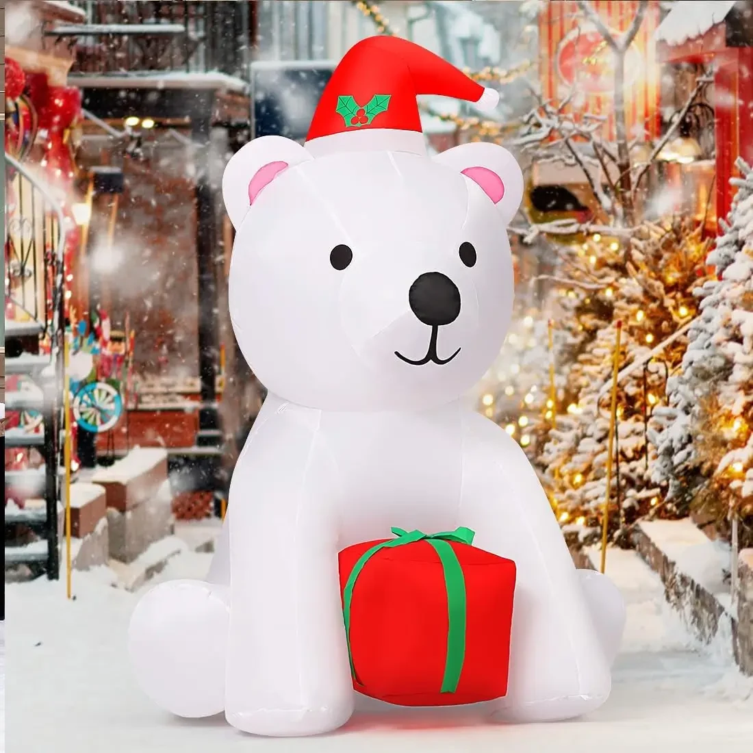 Original representative commercial visual for 4 FT Child Easter Hot Selling Christmas Durable Portable Inflatable Bear Holding Present LED Lights Waterproof Decorations.