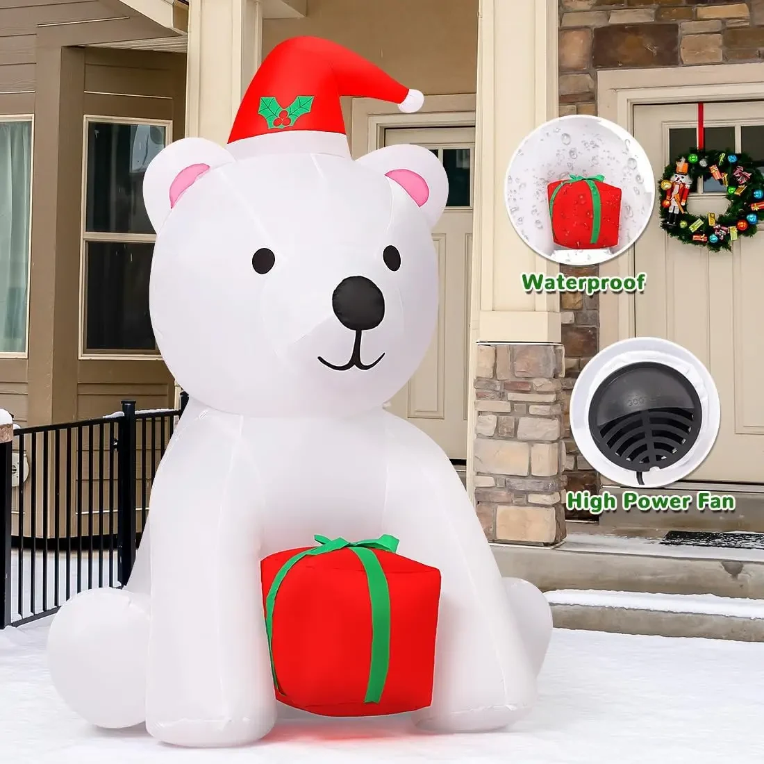 Original representative commercial visual for 4 FT Child Easter Hot Selling Christmas Durable Portable Inflatable Bear Holding Present LED Lights Waterproof Decorations.