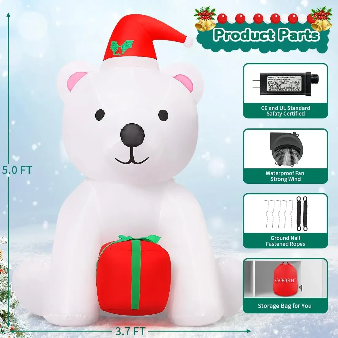 Original representative commercial visual for 4 FT Child Easter Hot Selling Christmas Durable Portable Inflatable Bear Holding Present LED Lights Waterproof Decorations.