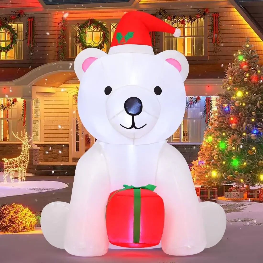 Original representative commercial visual for 4 FT Child Easter Hot Selling Christmas Durable Portable Inflatable Bear Holding Present LED Lights Waterproof Decorations.