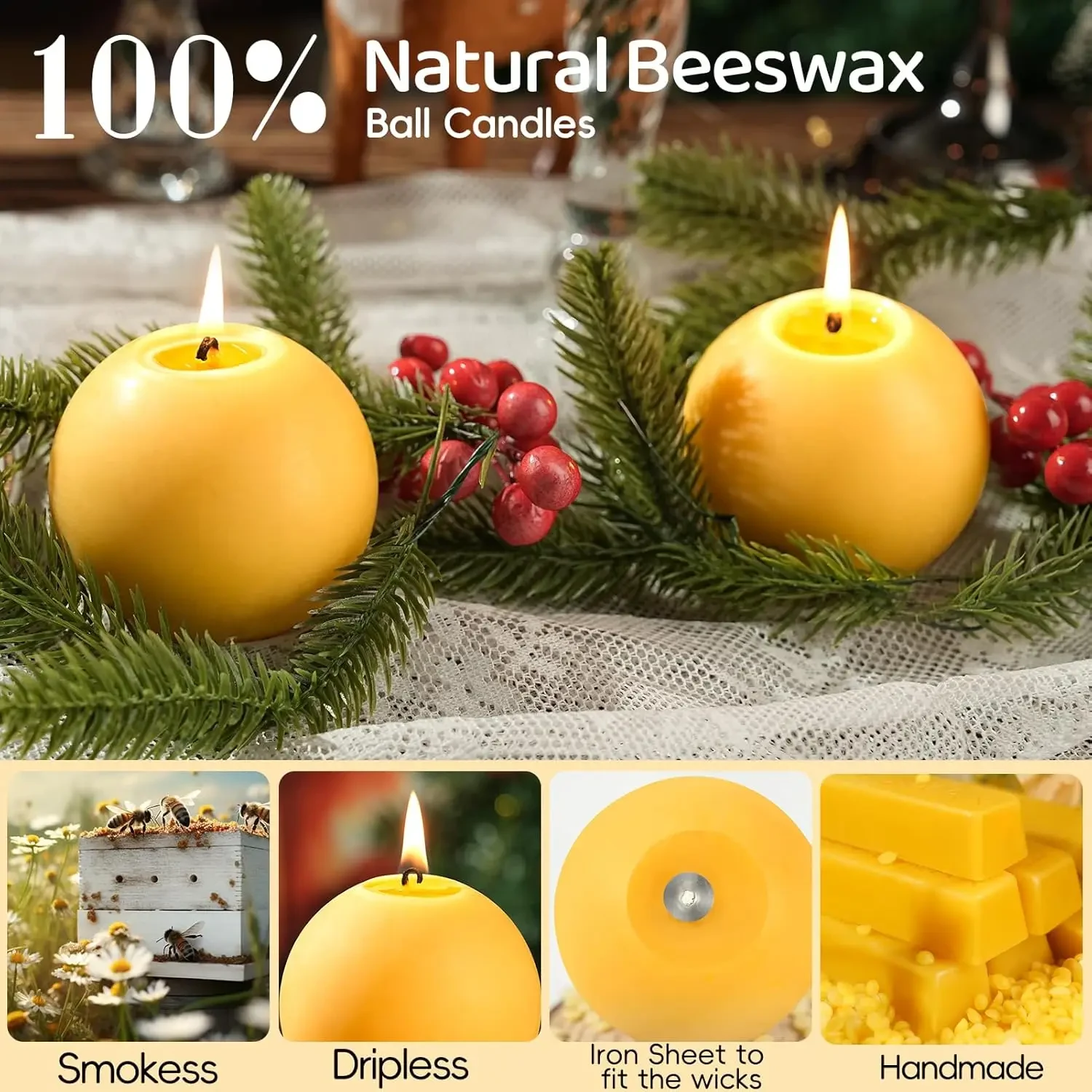 Original representative commercial visual for Wholesale 2 Pack Hand-Poured Natural Beeswax Ball Candles 10 Hours Long Burning Unscented Dripless Easter Home Decoration.