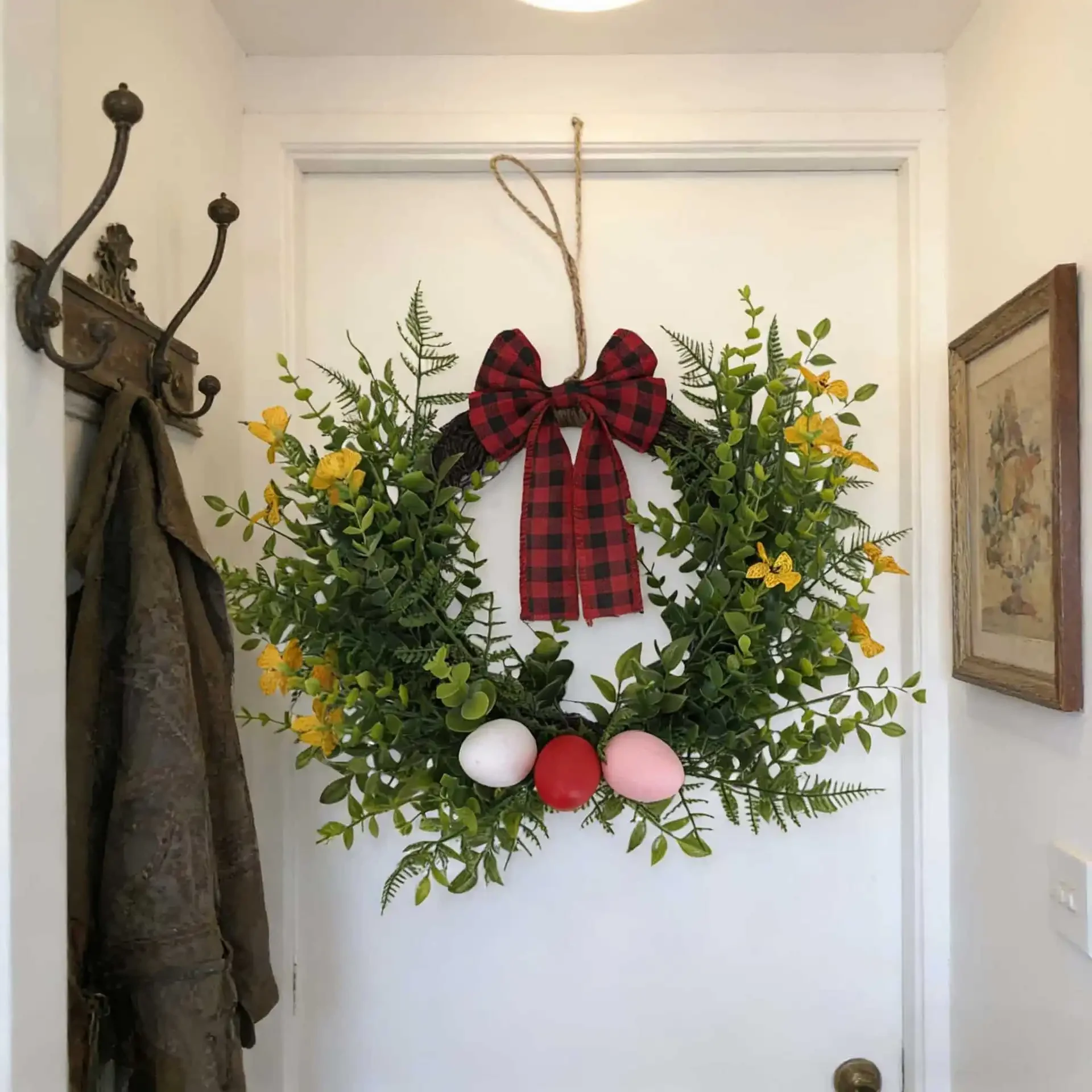 Original representative commercial visual for Easter Party Decorations Indoor Plastic Round Wreath with Violet Red/Black Plaid Bow Design Fern Leaf Accents Non-Toxic Durable.