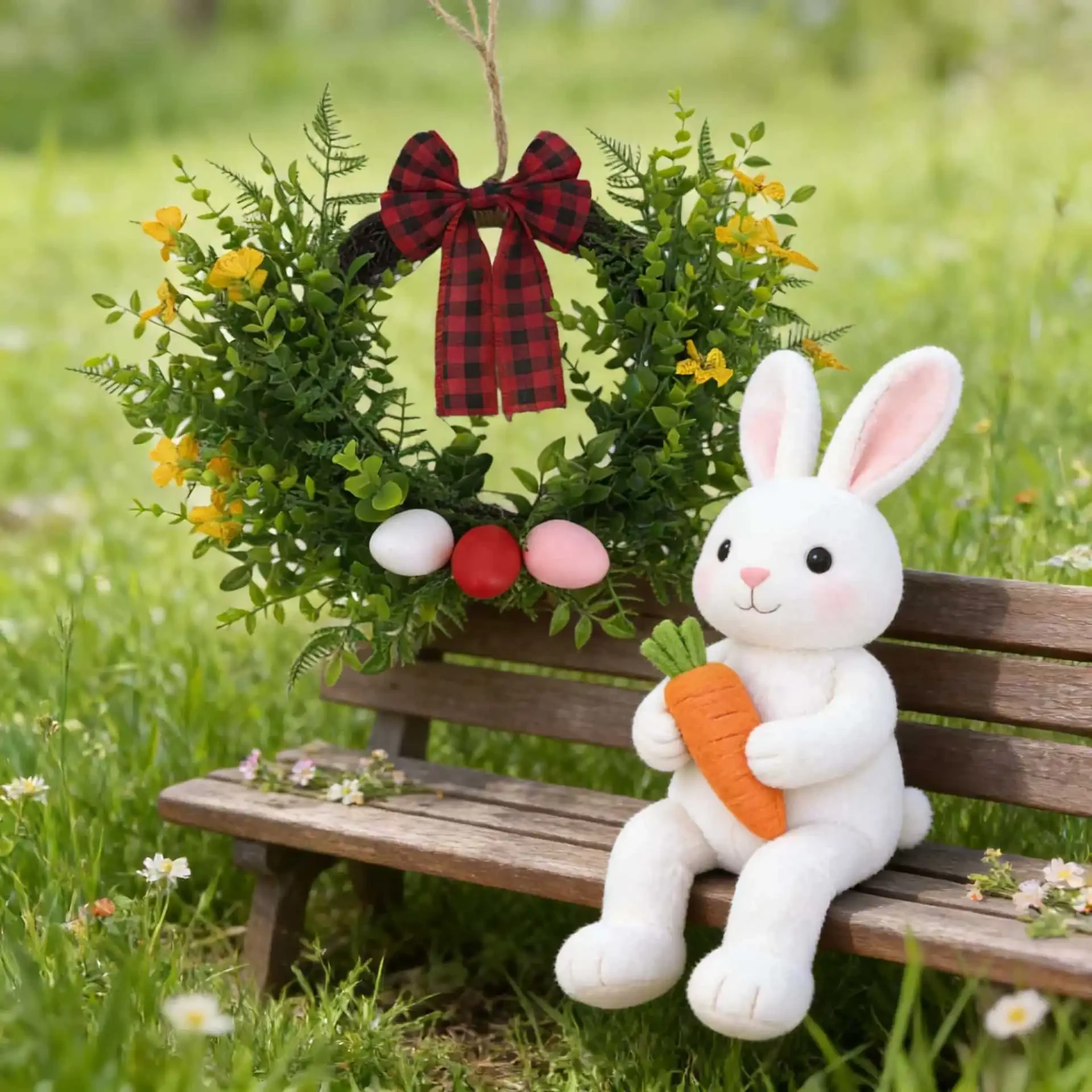 Original representative commercial visual for Easter Party Decorations Indoor Plastic Round Wreath with Violet Red/Black Plaid Bow Design Fern Leaf Accents Non-Toxic Durable.