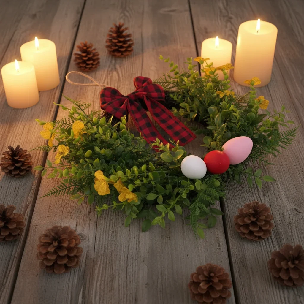 Original representative commercial visual for Easter Party Decorations Indoor Plastic Round Wreath with Violet Red/Black Plaid Bow Design Fern Leaf Accents Non-Toxic Durable.