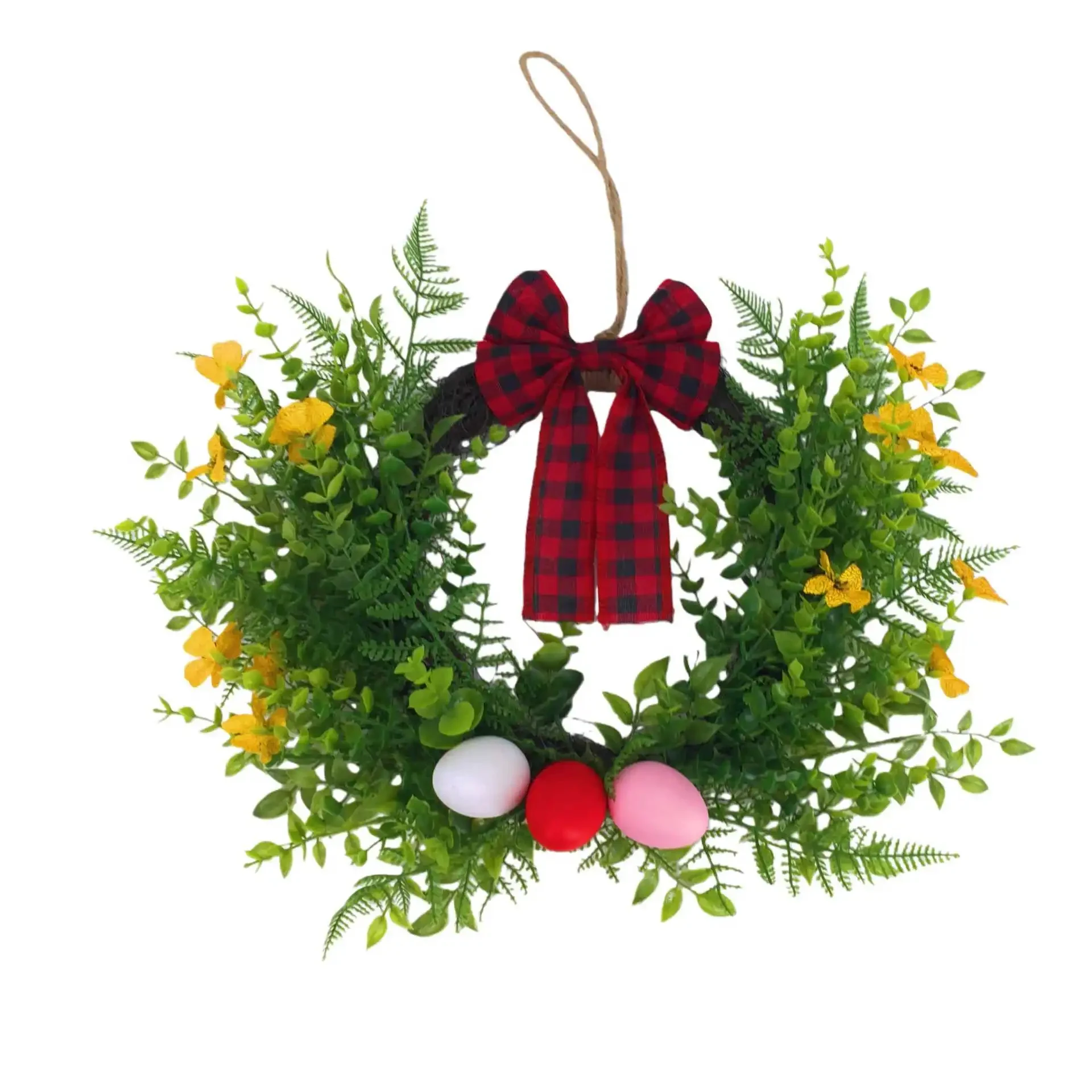 Original representative commercial visual for Easter Party Decorations Indoor Plastic Round Wreath with Violet Red/Black Plaid Bow Design Fern Leaf Accents Non-Toxic Durable.