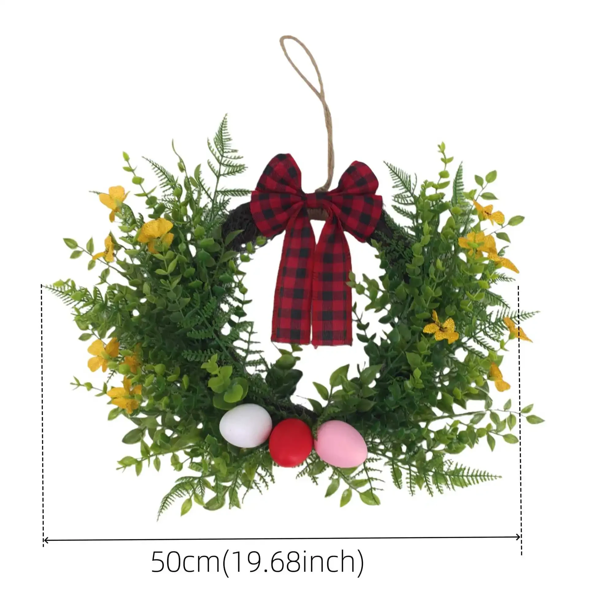 Original representative commercial visual for Easter Party Decorations Indoor Plastic Round Wreath with Violet Red/Black Plaid Bow Design Fern Leaf Accents Non-Toxic Durable.