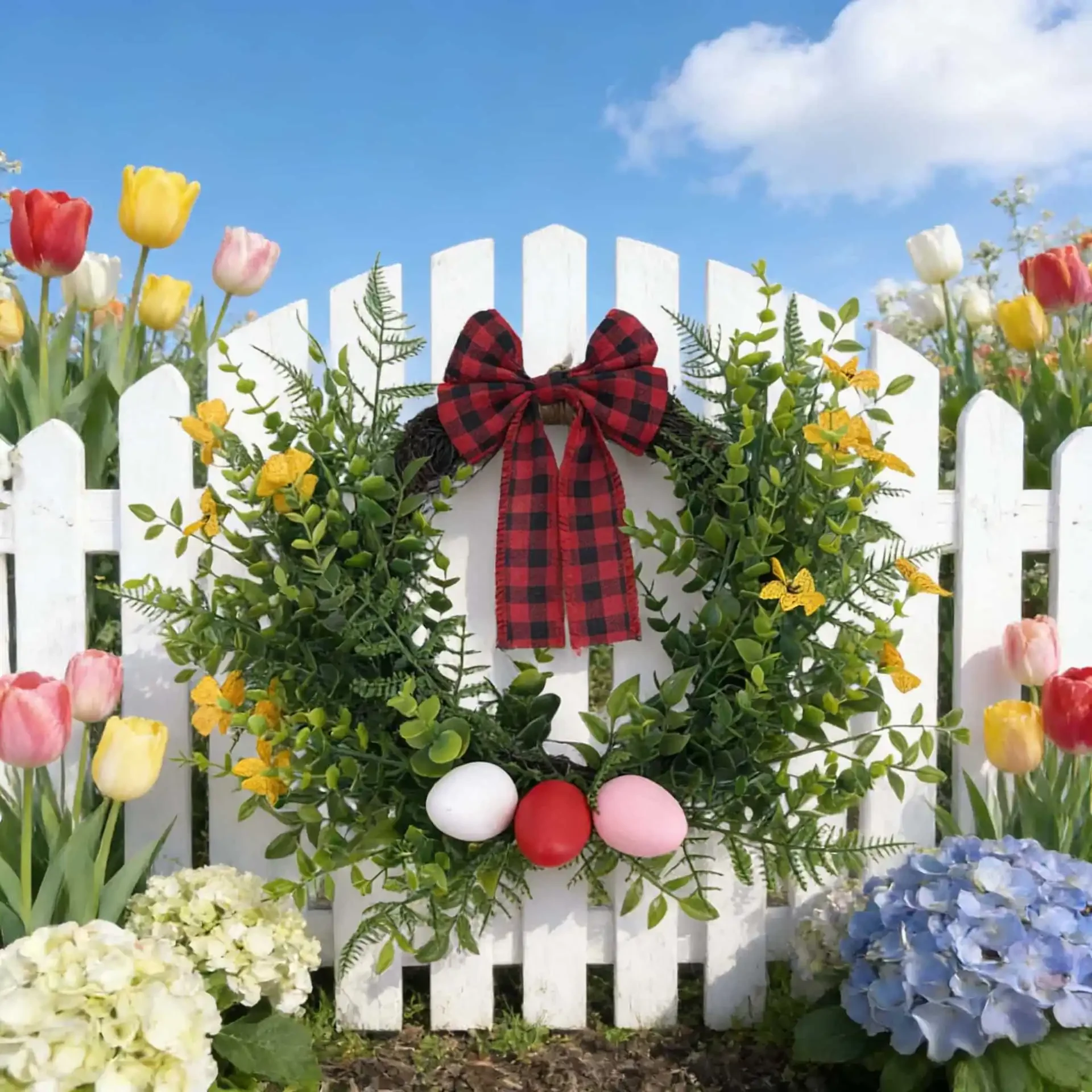 Original representative commercial visual for Easter Party Decorations Indoor Plastic Round Wreath with Violet Red/Black Plaid Bow Design Fern Leaf Accents Non-Toxic Durable.