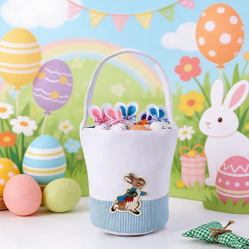 Original representative commercial visual for Factory Hot Selling Children's Easter Bunny Shaped Canvas Gift Bags & Baskets-Durable Holiday Decoration for Eggs & Candy Bucket.