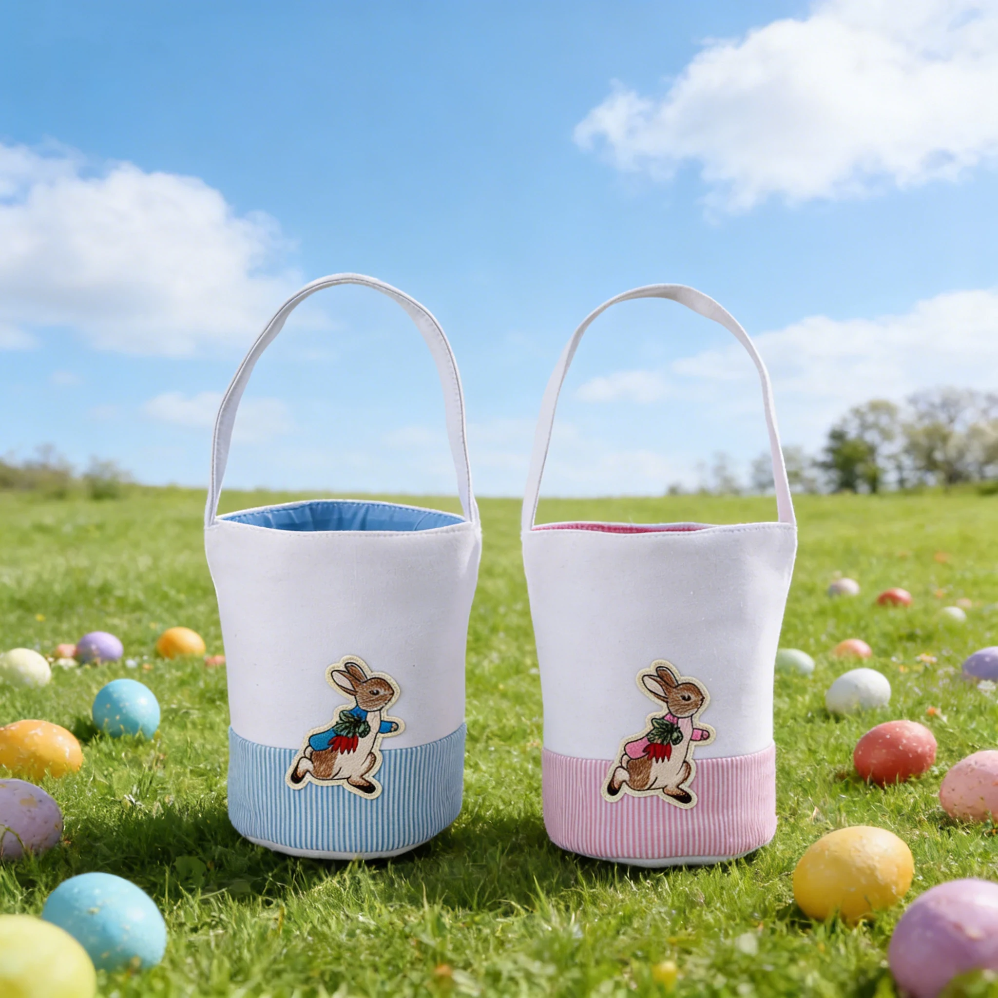 Original representative commercial visual for Factory Hot Selling Children's Easter Bunny Shaped Canvas Gift Bags & Baskets-Durable Holiday Decoration for Eggs & Candy Bucket.