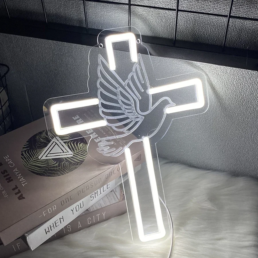 Original representative commercial visual for Cross Neon Sign Adjust Bright LED Easter Cross Neon Light Dove of Peace Night Light Party Wedding Home Bedroom Room Decor Gifts.