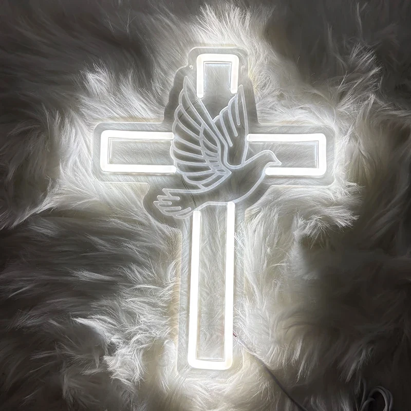 Original representative commercial visual for Cross Neon Sign Adjust Bright LED Easter Cross Neon Light Dove of Peace Night Light Party Wedding Home Bedroom Room Decor Gifts.