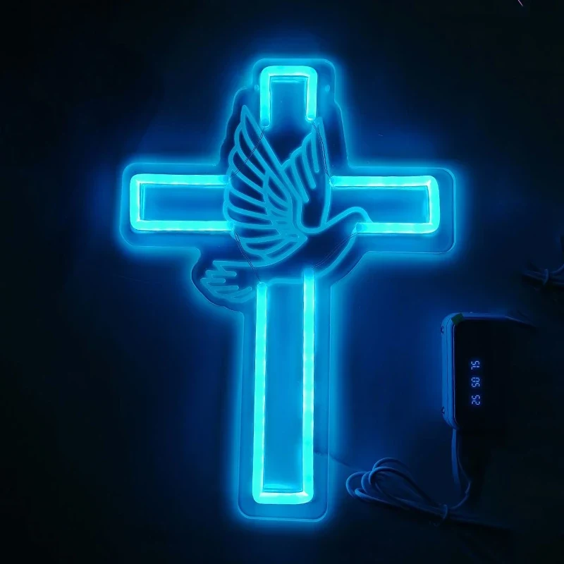 Original representative commercial visual for Cross Neon Sign Adjust Bright LED Easter Cross Neon Light Dove of Peace Night Light Party Wedding Home Bedroom Room Decor Gifts.
