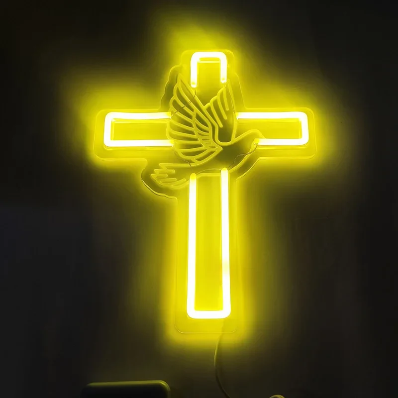 Original representative commercial visual for Cross Neon Sign Adjust Bright LED Easter Cross Neon Light Dove of Peace Night Light Party Wedding Home Bedroom Room Decor Gifts.