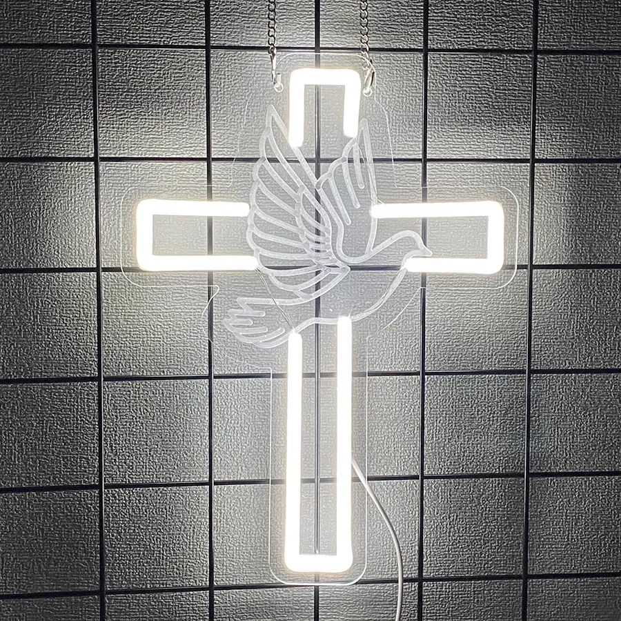 Original representative commercial visual for Cross Neon Sign Adjust Bright LED Easter Cross Neon Light Dove of Peace Night Light Party Wedding Home Bedroom Room Decor Gifts.