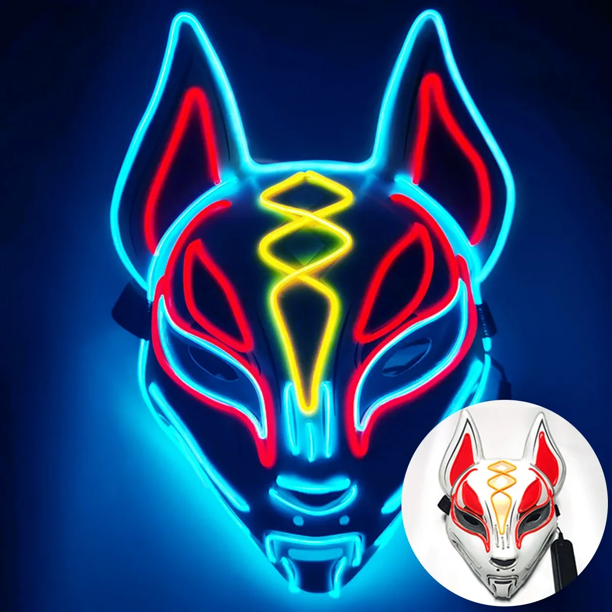 Original representative commercial visual for Glow in Dark EL Wire LED Light up Mask for Party Decoration Halloween Easter Full Face Fox LED Mask.