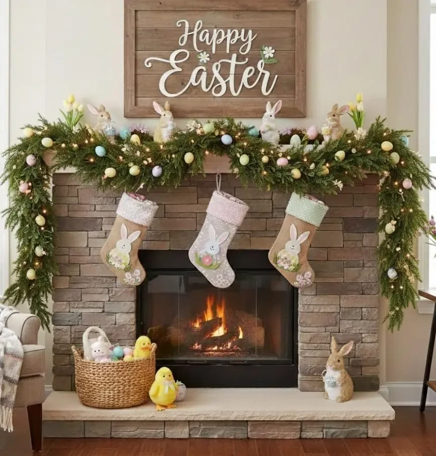 Original representative commercial visual for 9ft Artificial Realistic Christmas Norfolk Pine Garland, Real Touch Thick Gradient Evergreen for Easter Mantel Decor, Long Soft.
