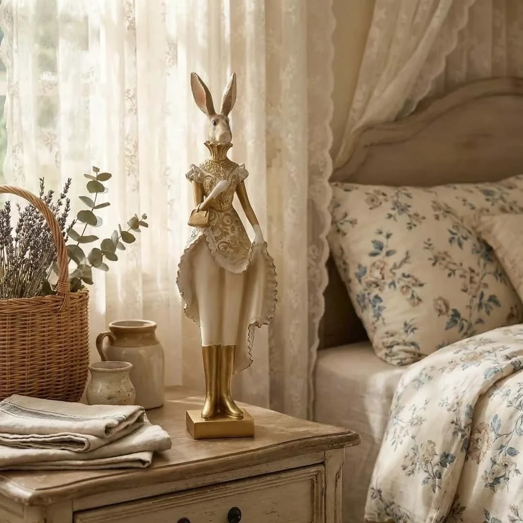 Original representative commercial visual for Vintage Elegant Rabbit Figurine in Dress - Gold and White Bunny Statue for Easter Decor and French Country Bedroom Accents.