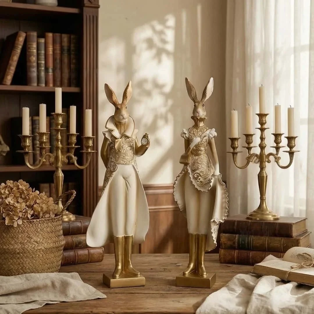 Original representative commercial visual for Vintage Elegant Rabbit Figurine in Dress - Gold and White Bunny Statue for Easter Decor and French Country Bedroom Accents.