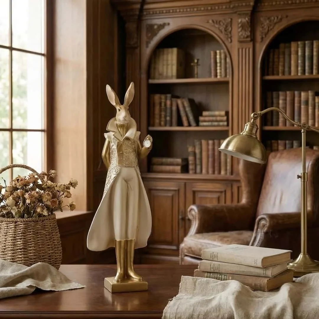 Original representative commercial visual for Vintage Elegant Rabbit Figurine in Dress - Gold and White Bunny Statue for Easter Decor and French Country Bedroom Accents.