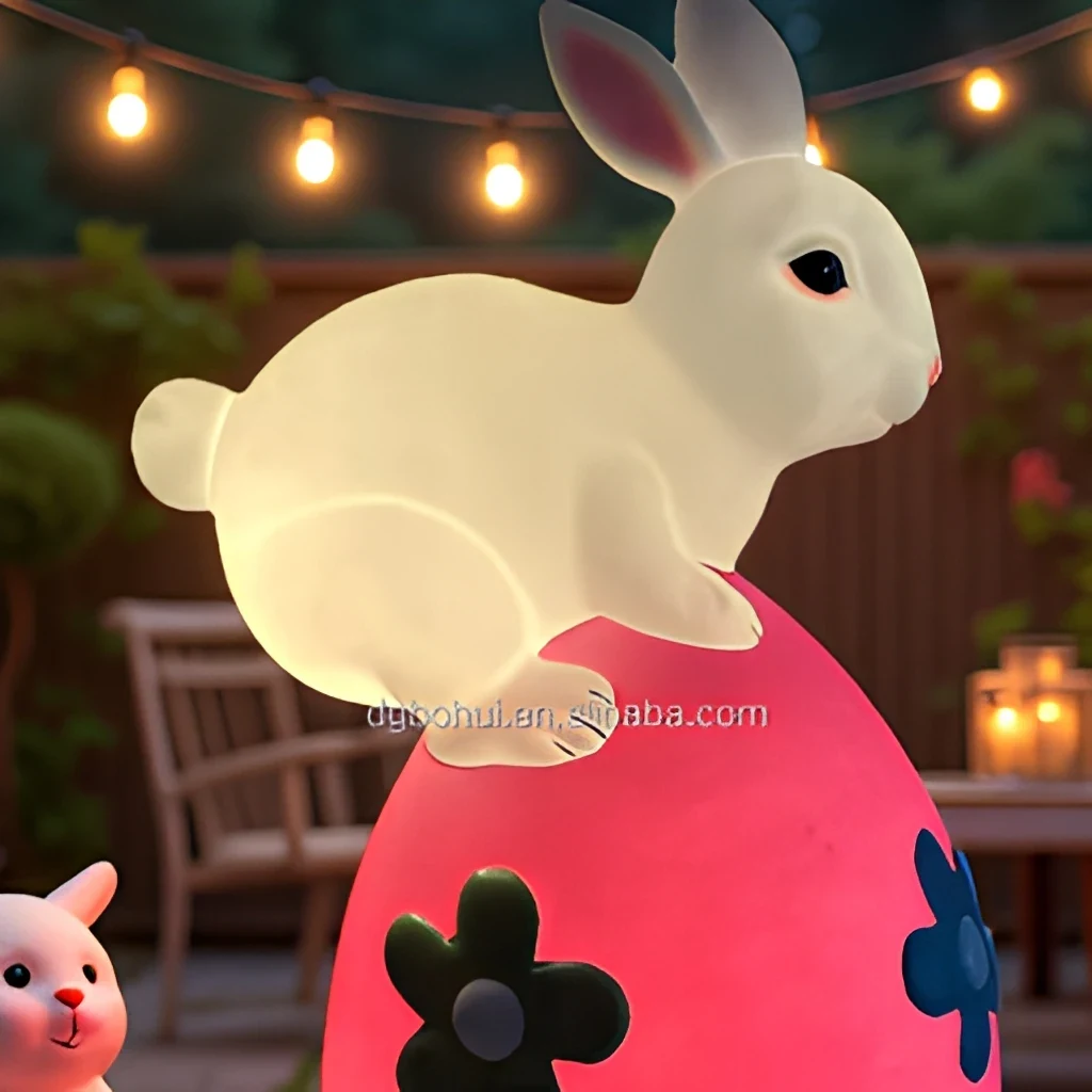 Original representative commercial visual for Wholesale Reversible Plastic PP Outdoor Garden Statue Easter Bunny Hare Decor with Egg Rabbit Ornaments Animal Patterned Decor.