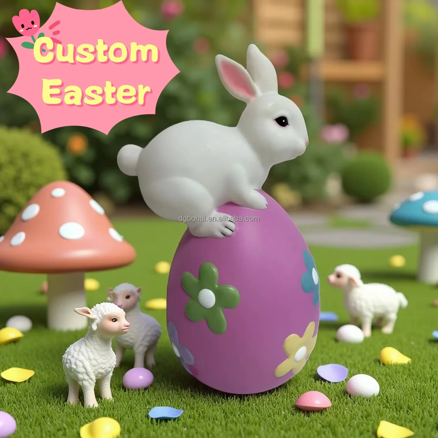 Original representative commercial visual for Wholesale Reversible Plastic PP Outdoor Garden Statue Easter Bunny Hare Decor with Egg Rabbit Ornaments Animal Patterned Decor.