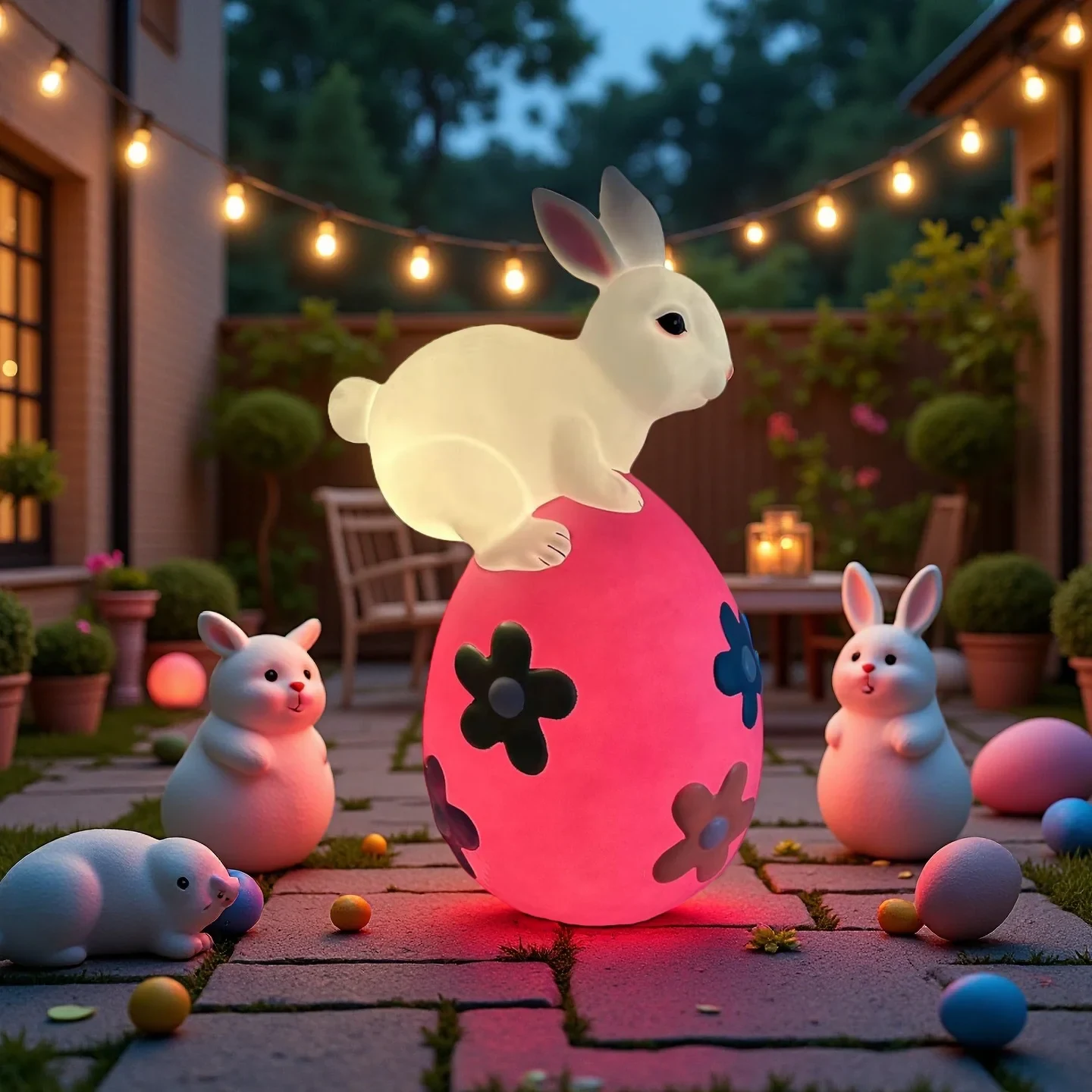 Original representative commercial visual for Wholesale Reversible Plastic PP Outdoor Garden Statue Easter Bunny Hare Decor with Egg Rabbit Ornaments Animal Patterned Decor.
