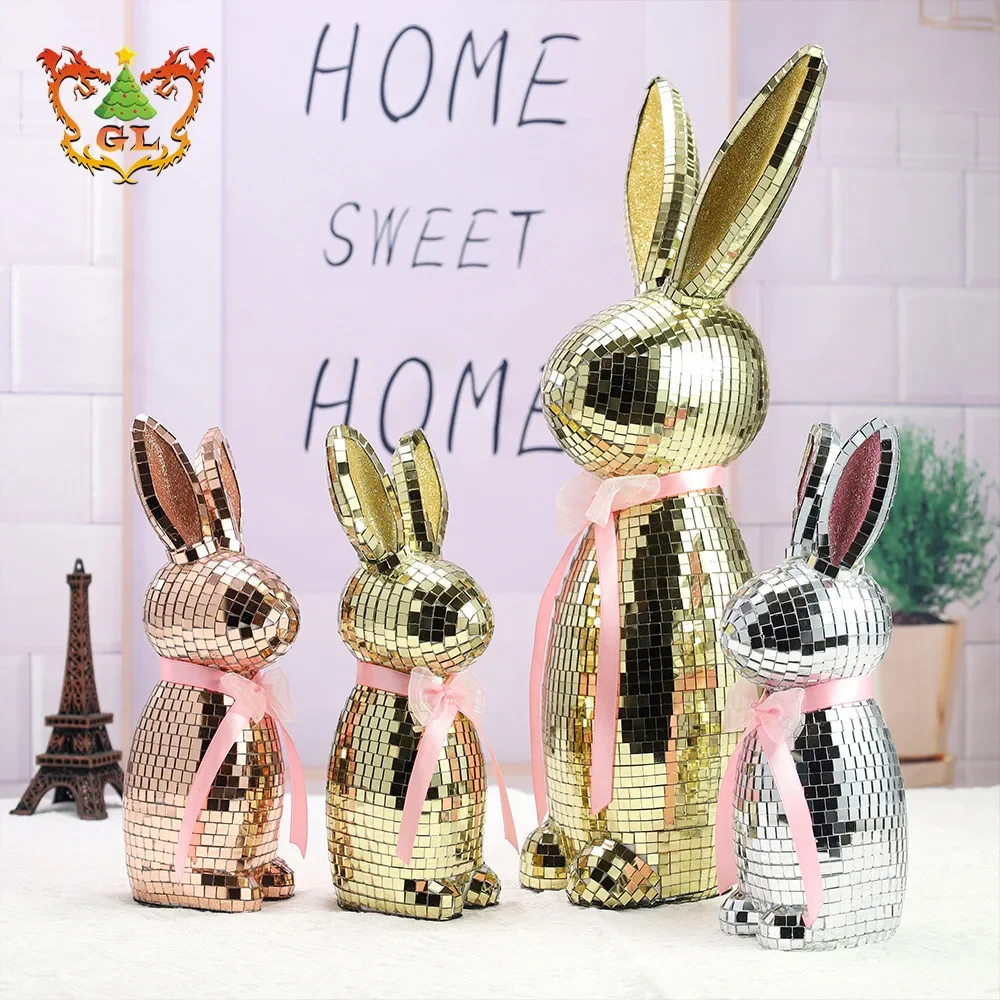 Original representative commercial visual for High Quality Handmade Glass Foam Reflective Mirror Ball Disco Rabbit Statue Gold/Silver/Red Easter Qixi Decoration Decor.