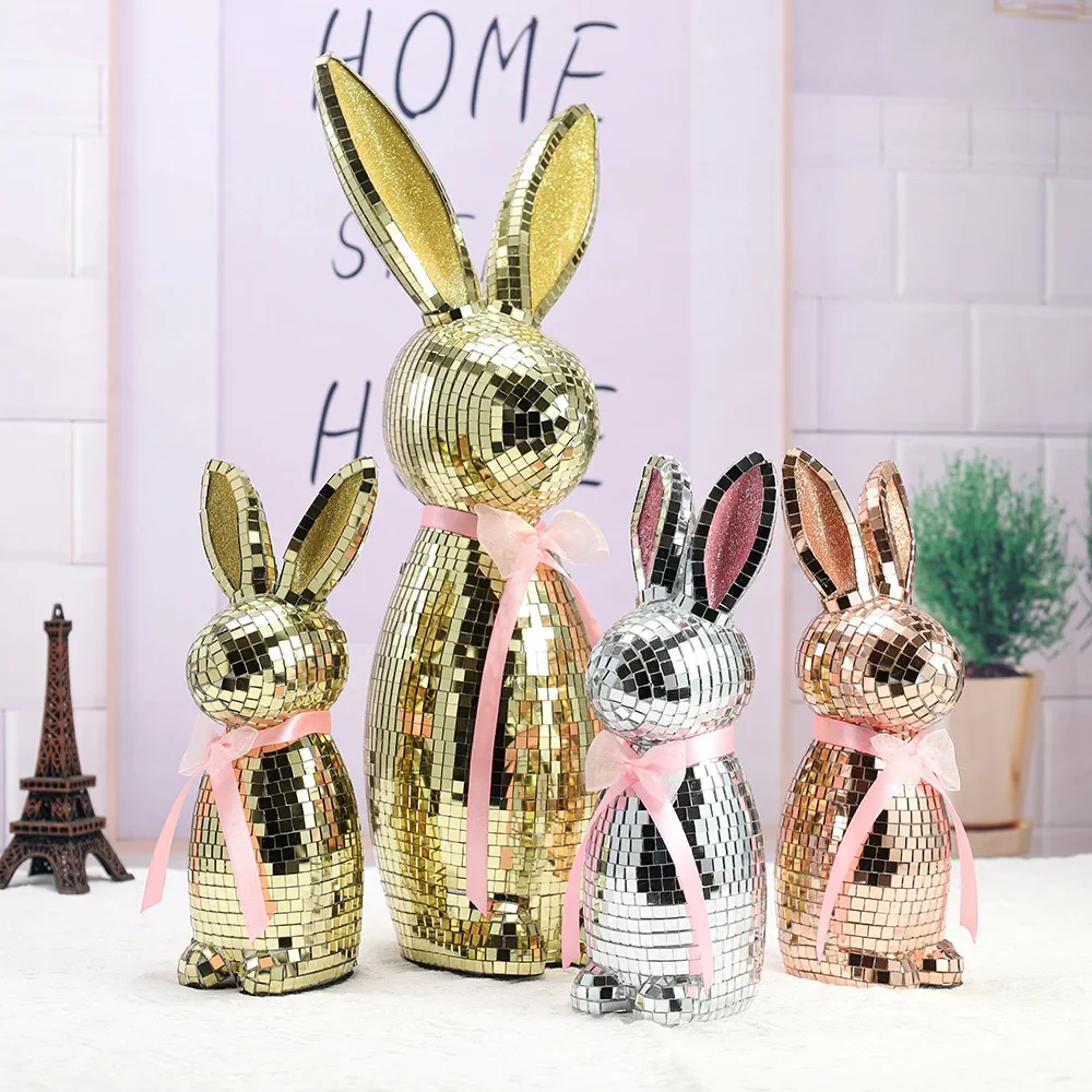 Original representative commercial visual for High Quality Handmade Glass Foam Reflective Mirror Ball Disco Rabbit Statue Gold/Silver/Red Easter Qixi Decoration Decor.