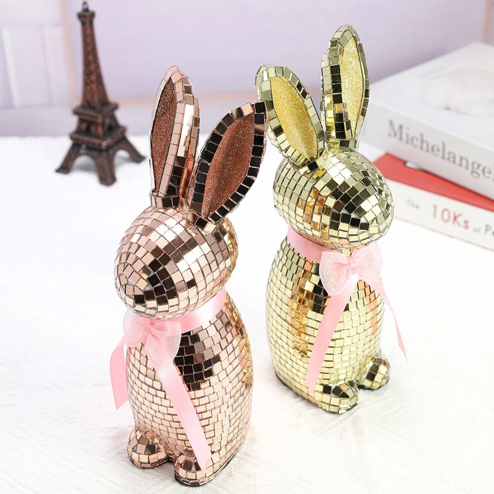 Original representative commercial visual for High Quality Handmade Glass Foam Reflective Mirror Ball Disco Rabbit Statue Gold/Silver/Red Easter Qixi Decoration Decor.
