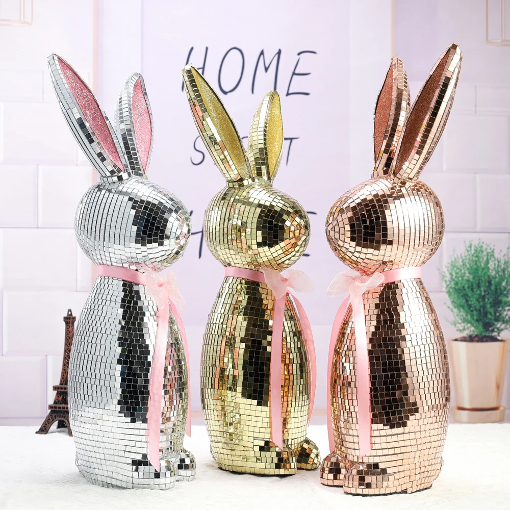 Original representative commercial visual for High Quality Handmade Glass Foam Reflective Mirror Ball Disco Rabbit Statue Gold/Silver/Red Easter Qixi Decoration Decor.