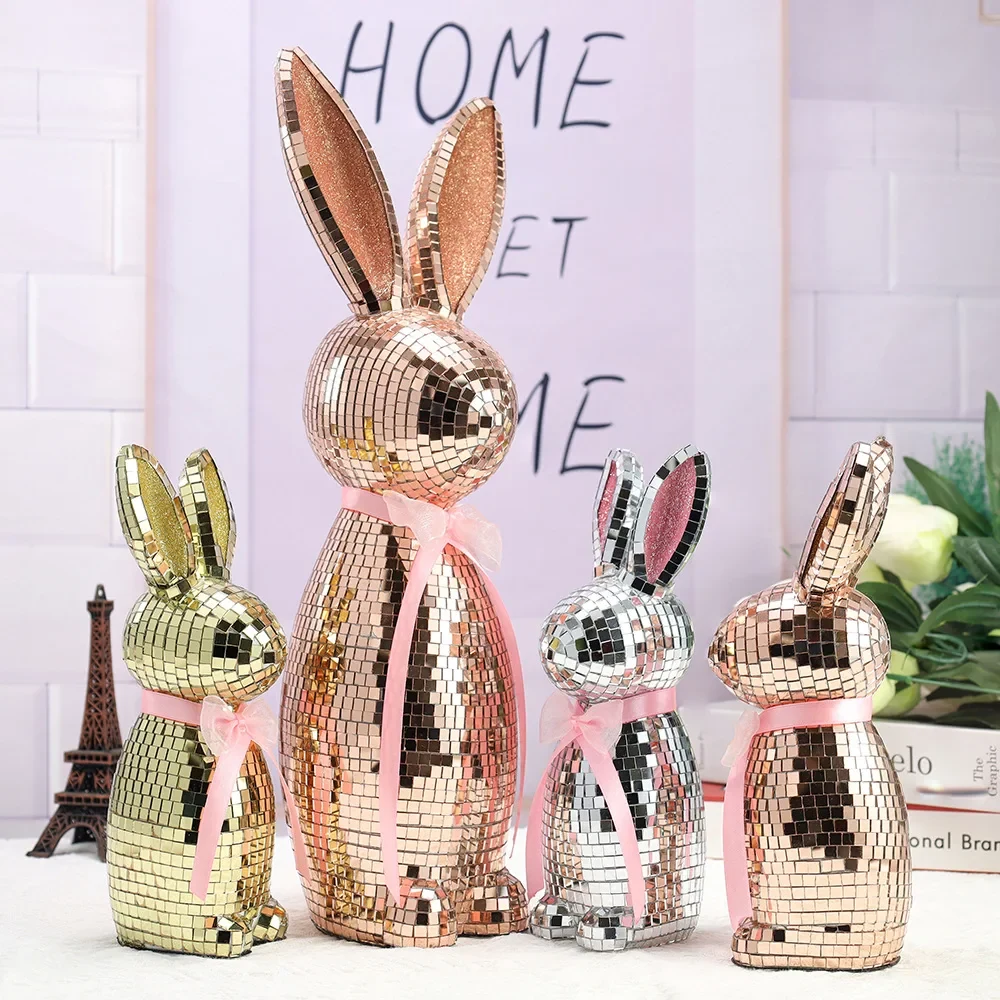 Original representative commercial visual for High Quality Handmade Glass Foam Reflective Mirror Ball Disco Rabbit Statue Gold/Silver/Red Easter Qixi Decoration Decor.