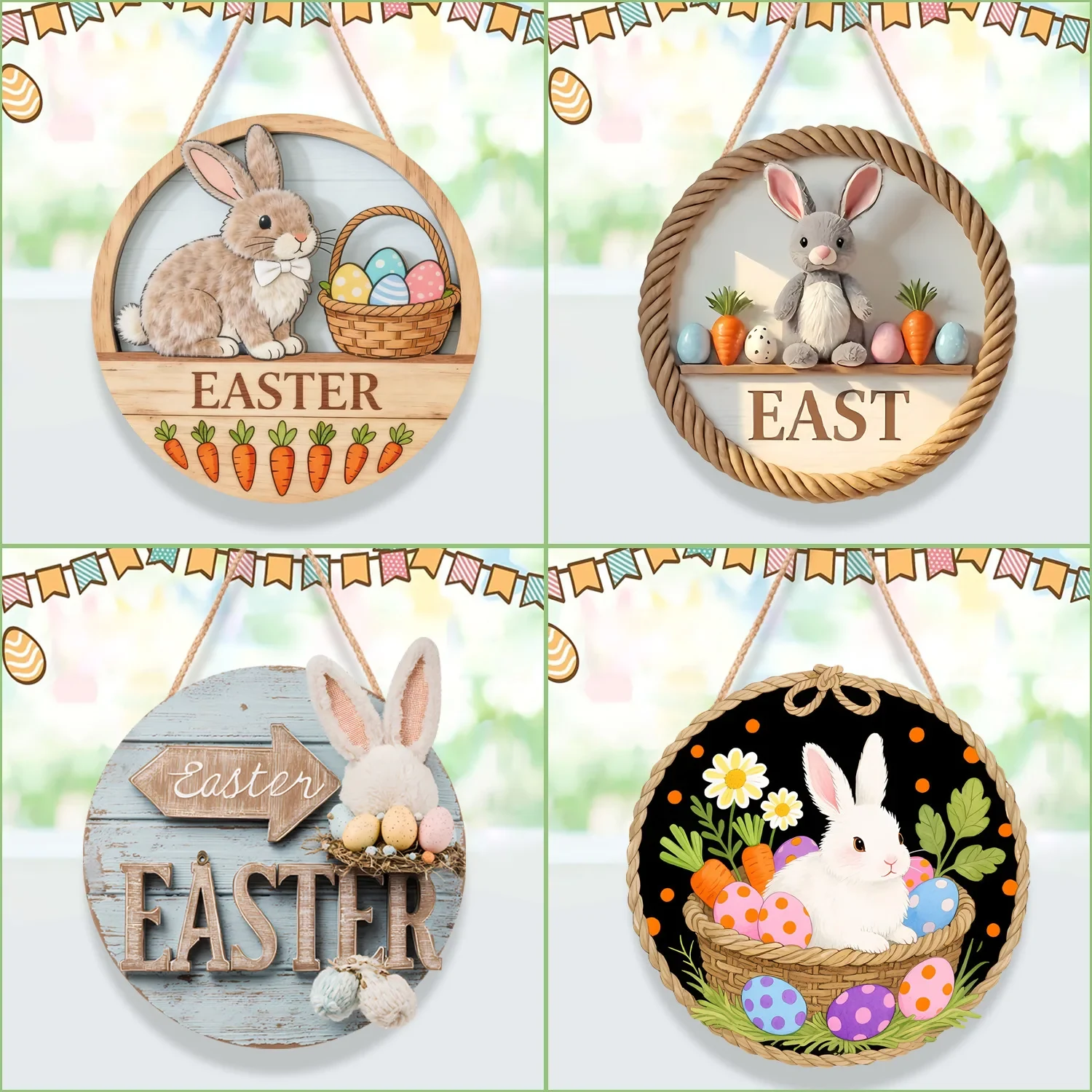 Original representative commercial visual for Wholesale China Factory Easter Wooden Round Doorplate Rabbit Egg Hanging Ornament Decorative Easter Wood Sign Home Door Decor.