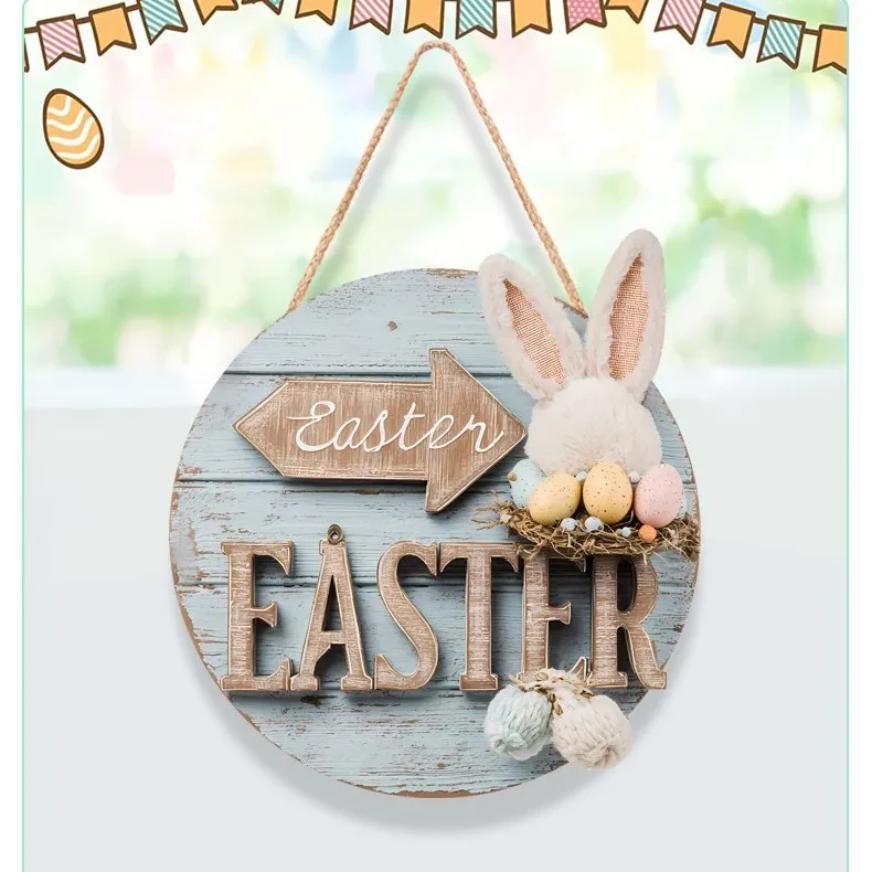 Original representative commercial visual for Wholesale China Factory Easter Wooden Round Doorplate Rabbit Egg Hanging Ornament Decorative Easter Wood Sign Home Door Decor.