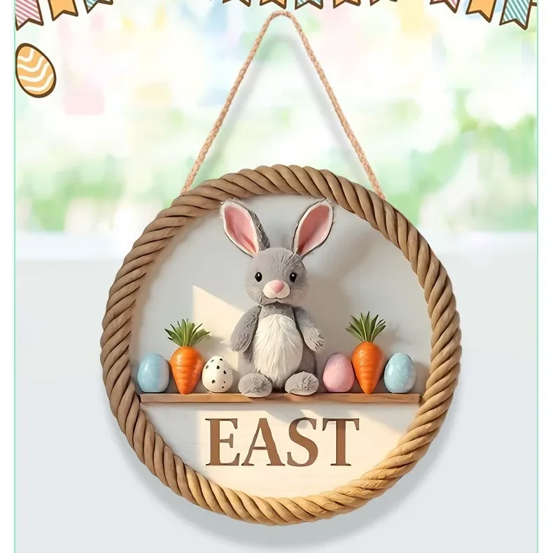 Original representative commercial visual for Wholesale China Factory Easter Wooden Round Doorplate Rabbit Egg Hanging Ornament Decorative Easter Wood Sign Home Door Decor.