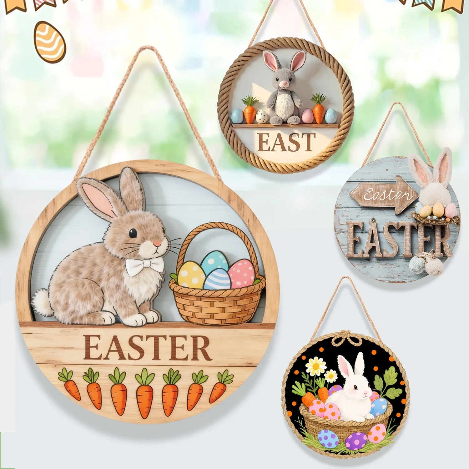 Original representative commercial visual for Wholesale China Factory Easter Wooden Round Doorplate Rabbit Egg Hanging Ornament Decorative Easter Wood Sign Home Door Decor.