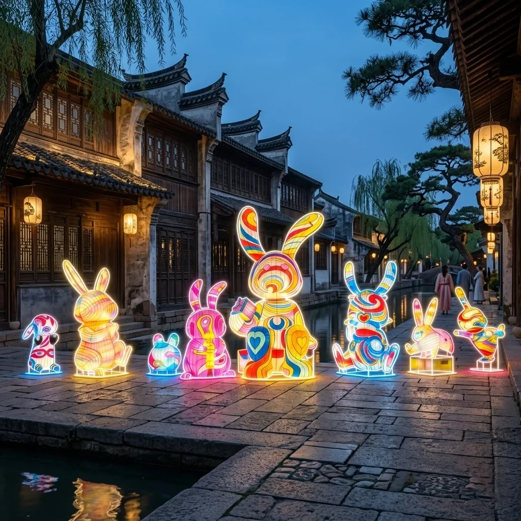 Original representative commercial visual for Easter Adult Festival Lanterns Rabbit Shape Waterproof Glow Decor Parks Malls Leisure Farms Thanksgiving Graduation Customized.