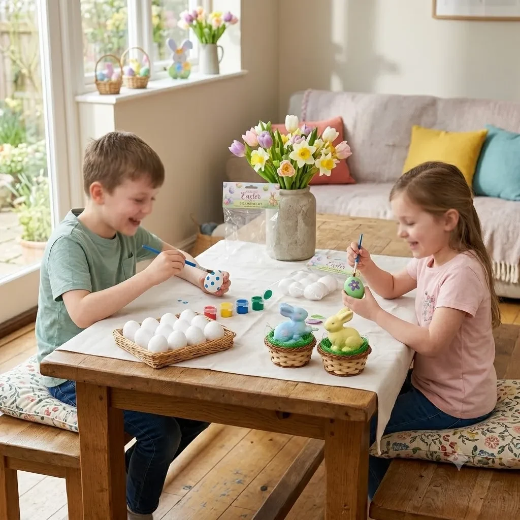 Original representative commercial visual for DIY Easter Egg Painting Kit Polystyrene Foam Rabbit Crafts Set with Basket for Kids Creative Easter Decorations Pieces.