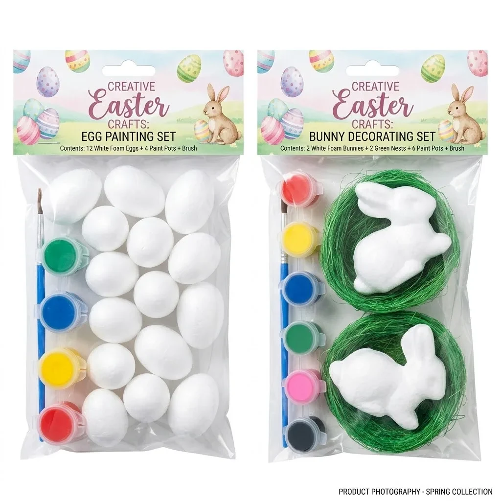Original representative commercial visual for DIY Easter Egg Painting Kit Polystyrene Foam Rabbit Crafts Set with Basket for Kids Creative Easter Decorations Pieces.