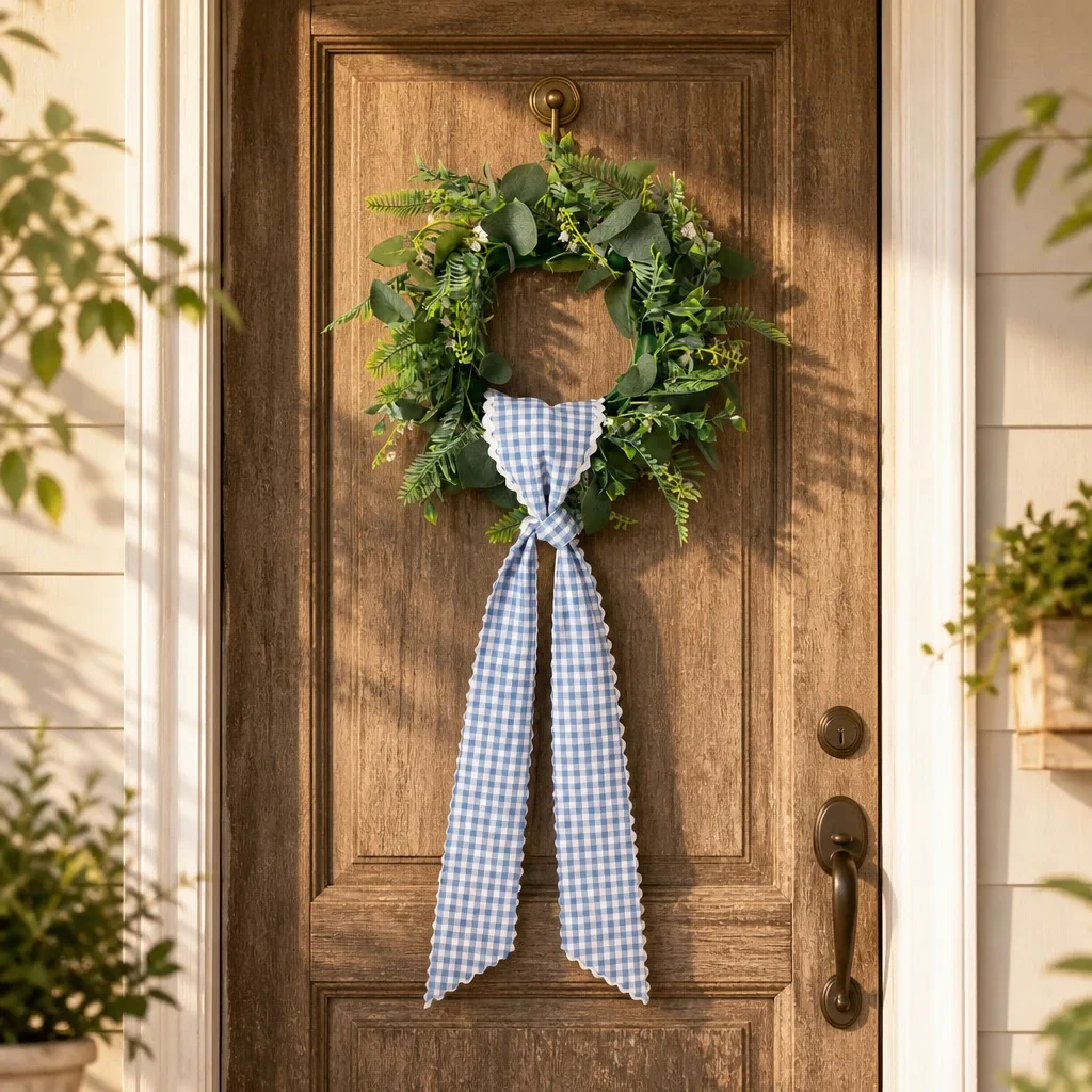 Original representative commercial visual for Polyester Cross-border Christmas Plaid Wavy Garland Wreath Ribbon Bow 9.5x137CM Birthday Party Easter Wedding Outdoor Decoration.