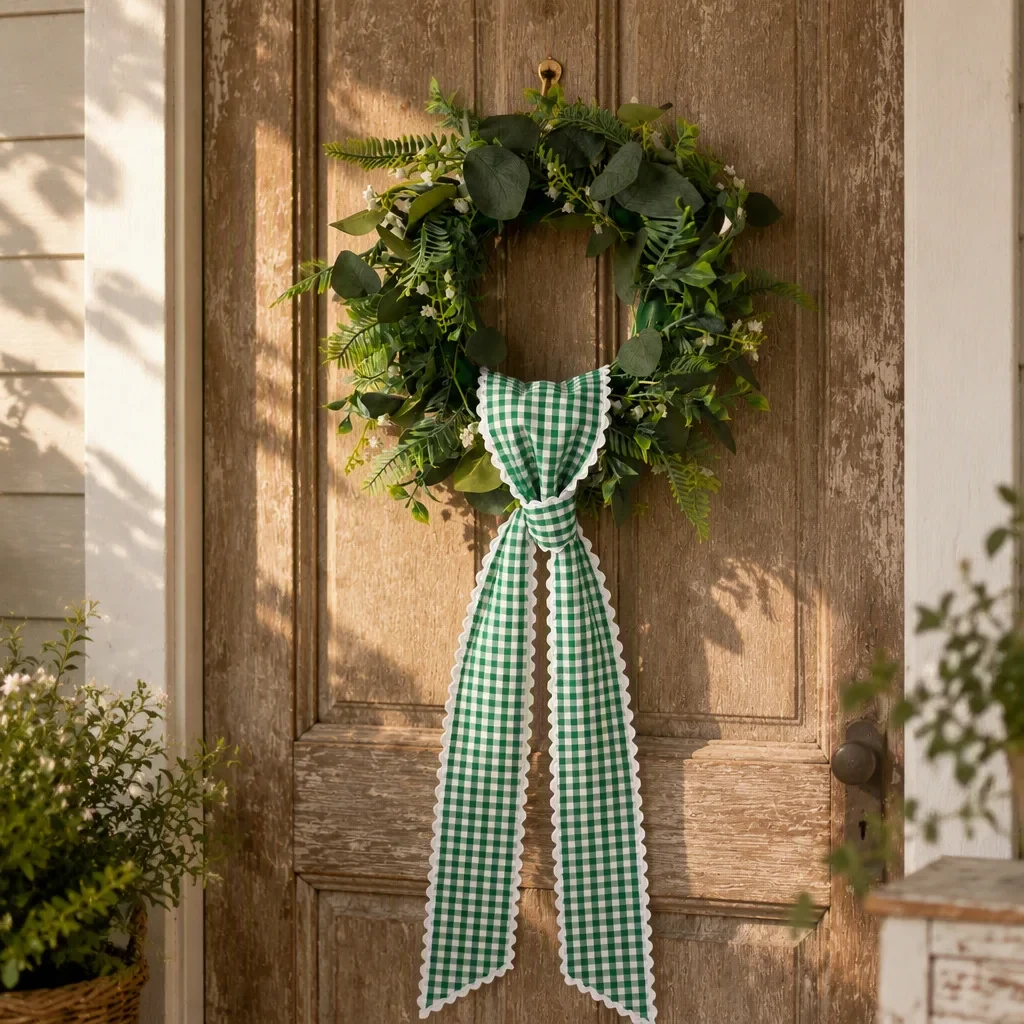 Original representative commercial visual for Polyester Cross-border Christmas Plaid Wavy Garland Wreath Ribbon Bow 9.5x137CM Birthday Party Easter Wedding Outdoor Decoration.