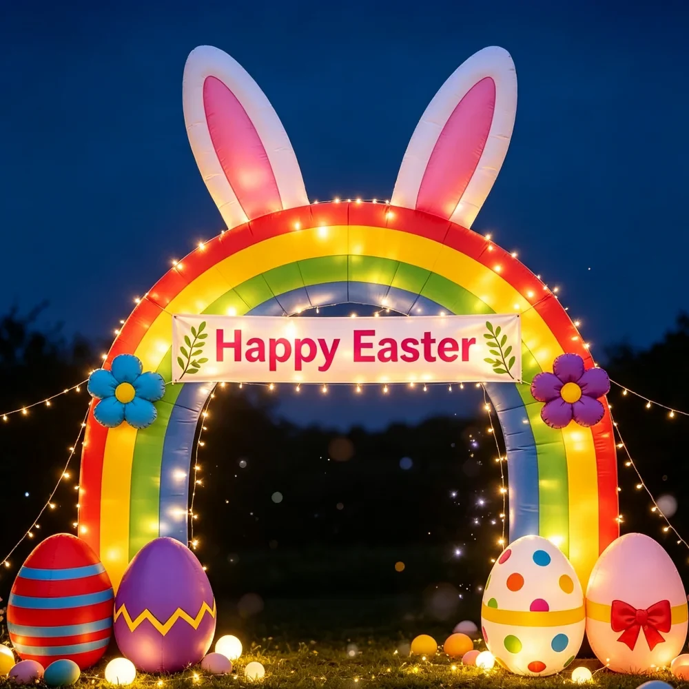 Original representative commercial visual for Colorful Inflatable Easter Bunny Arch Decoration With Egg Ornaments For Garden Lawn Storefront And Holiday Celebration.