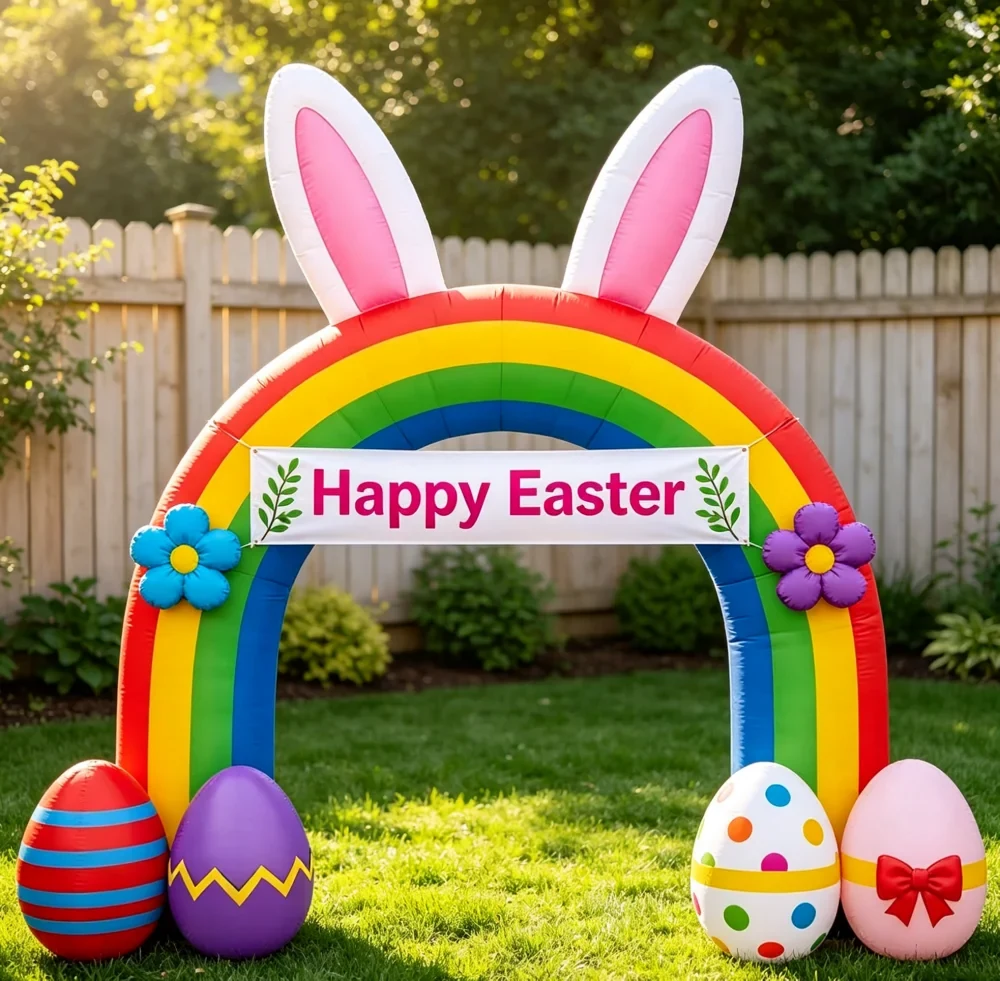 Original representative commercial visual for Colorful Inflatable Easter Bunny Arch Decoration With Egg Ornaments For Garden Lawn Storefront And Holiday Celebration.