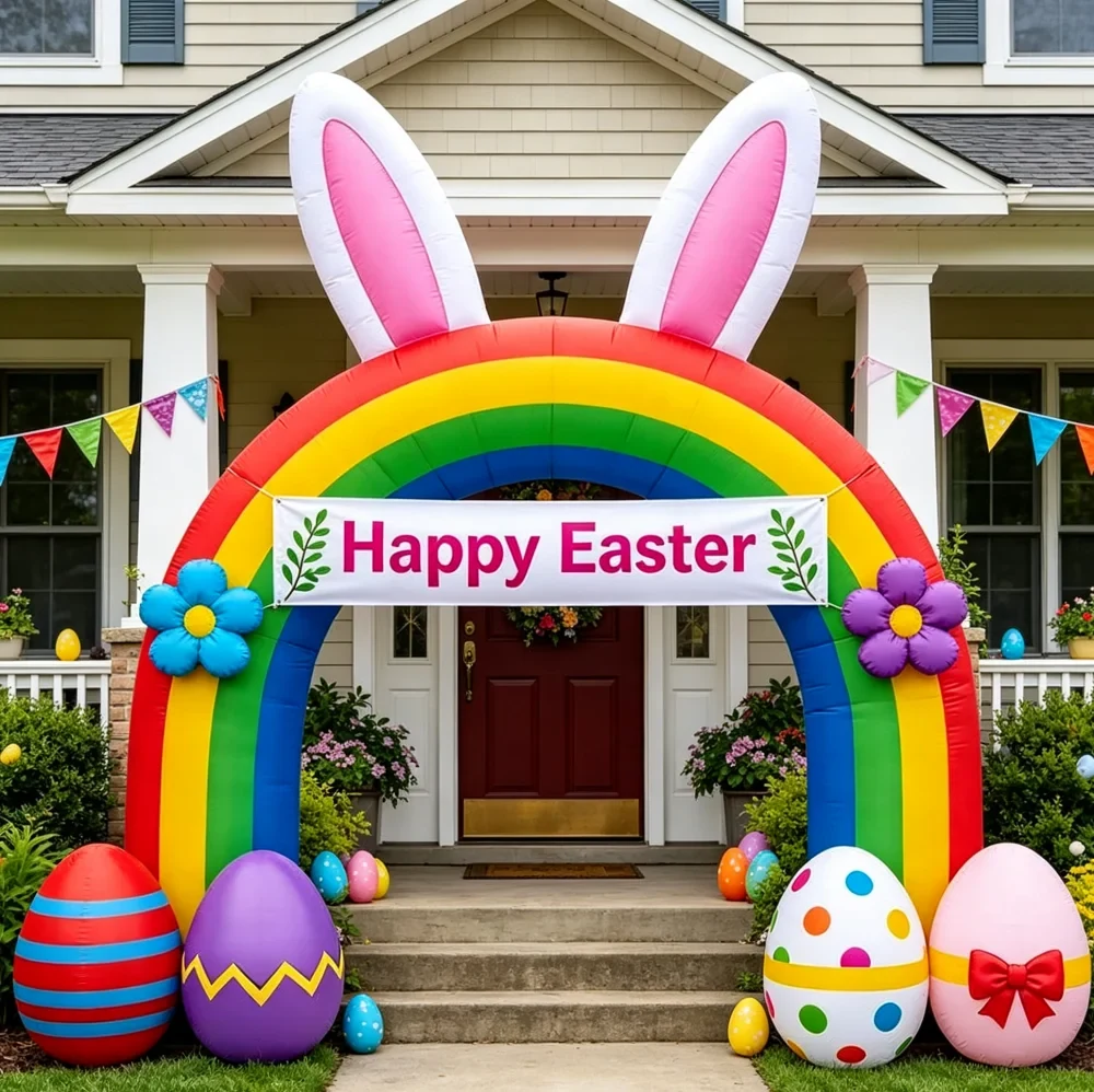 Original representative commercial visual for Colorful Inflatable Easter Bunny Arch Decoration With Egg Ornaments For Garden Lawn Storefront And Holiday Celebration.
