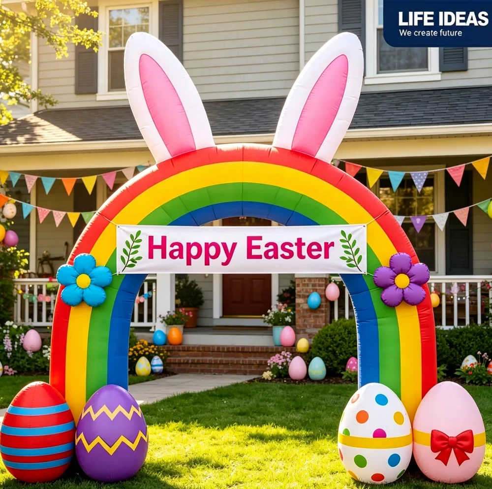 Original representative commercial visual for Colorful Inflatable Easter Bunny Arch Decoration With Egg Ornaments For Garden Lawn Storefront And Holiday Celebration.