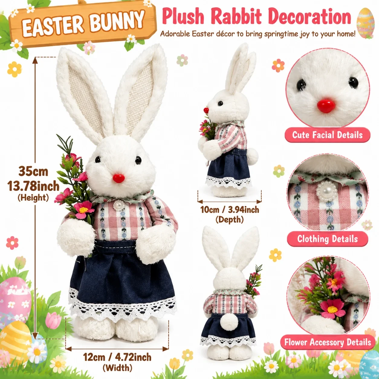 Original representative commercial visual for Pafu Easter Bunny Plush Decoration Spring Rabbit Figurine Holiday Home Tabletop Decor with Carrot Flower Accessory Easter Gift.