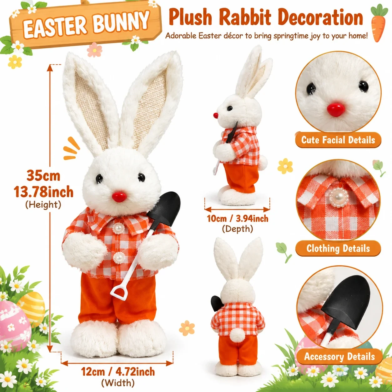 Original representative commercial visual for Pafu Easter Bunny Plush Decoration Spring Rabbit Figurine Holiday Home Tabletop Decor with Carrot Flower Accessory Easter Gift.