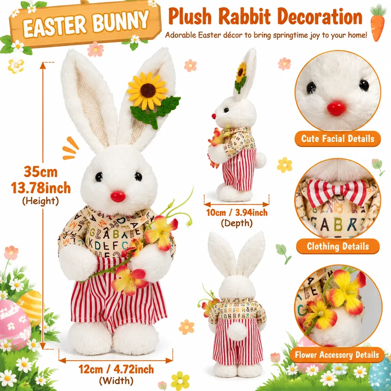 Original representative commercial visual for Pafu Easter Bunny Plush Decoration Spring Rabbit Figurine Holiday Home Tabletop Decor with Carrot Flower Accessory Easter Gift.