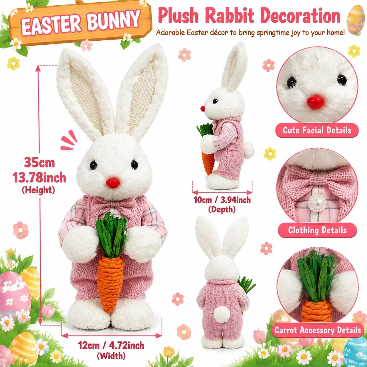 Original representative commercial visual for Pafu Easter Bunny Plush Decoration Spring Rabbit Figurine Holiday Home Tabletop Decor with Carrot Flower Accessory Easter Gift.